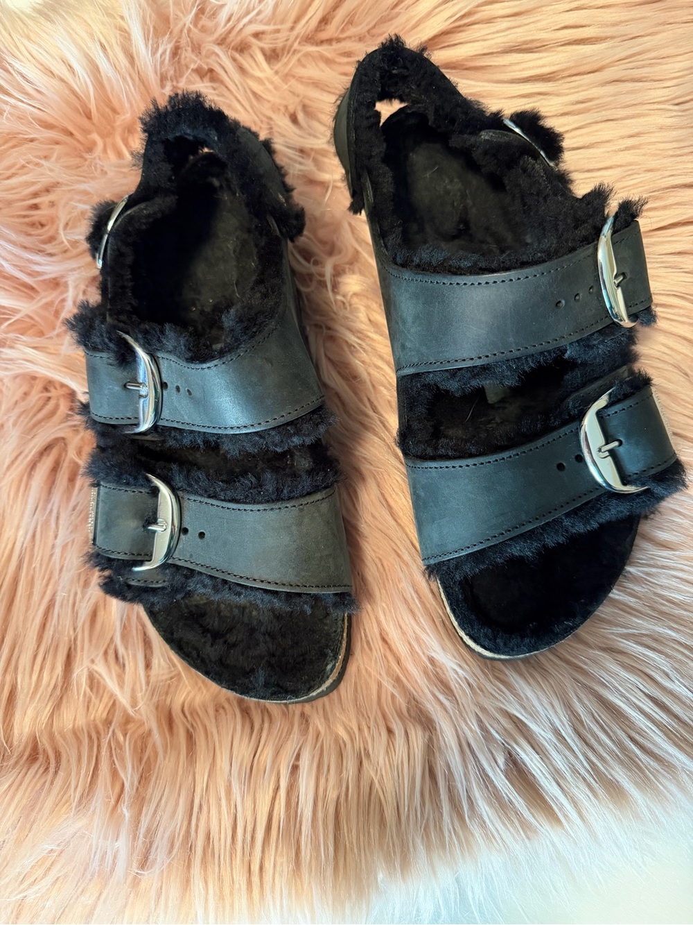 Birkenstock Milano Big Buckle Shearling Sandals Black Size 38 US 7,5
